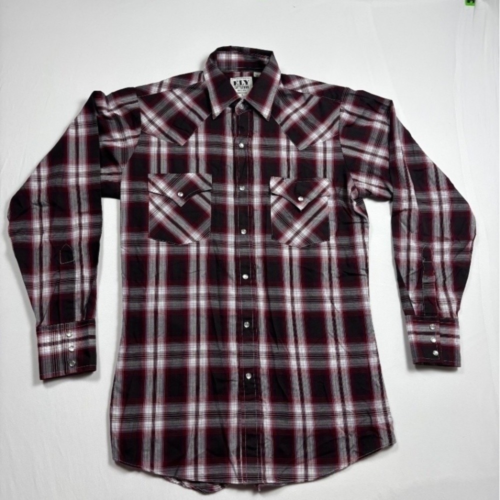 Ely Cattleman Mens Small Western Plaid Pearl Snap Shirt Long Sleeve Burgundy